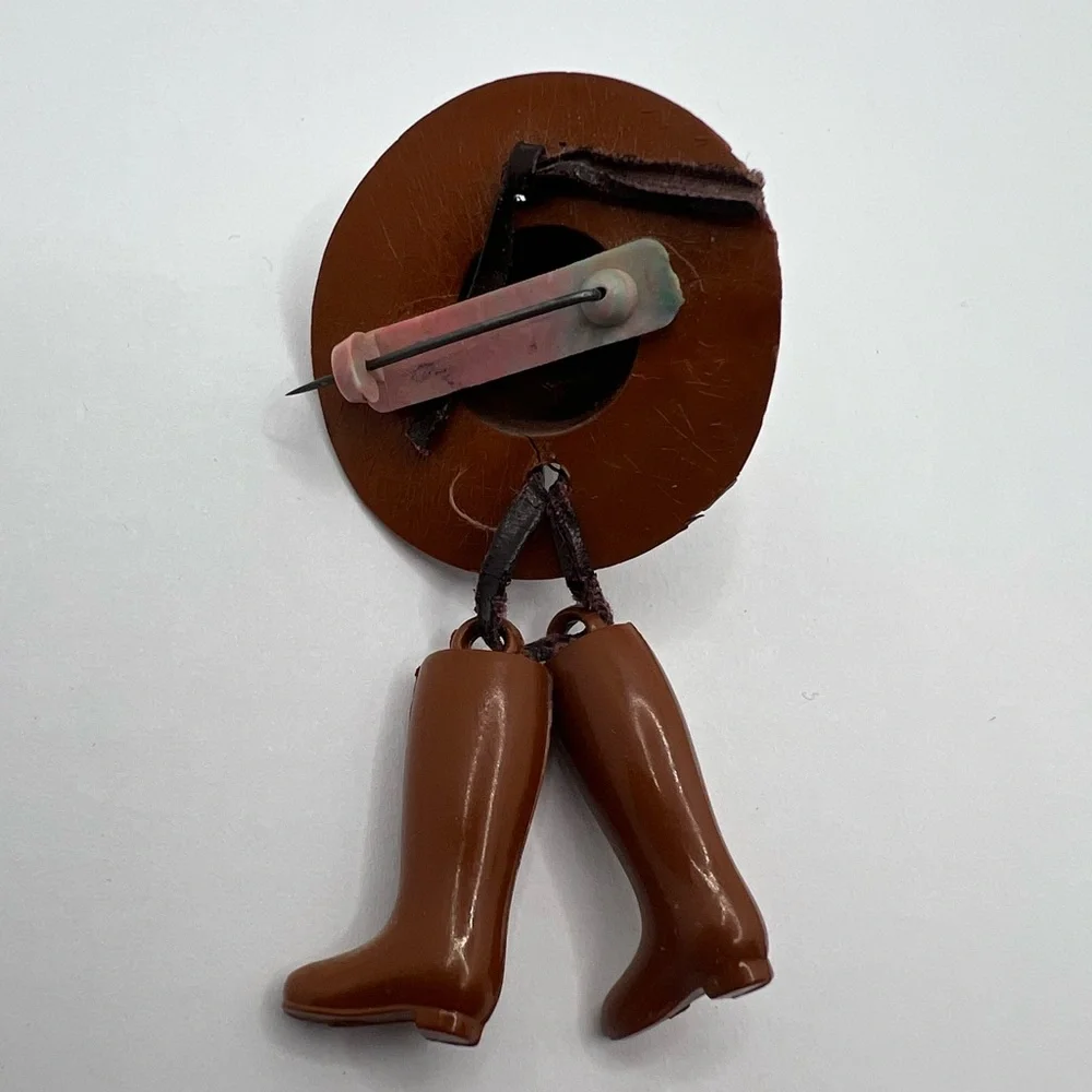 Vintage 1930s Celluloid Brown Cowboy Hat & Riding Boots Brooch Pin Plastic